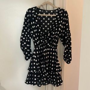 Black and white dot dress mini dress with deep V.